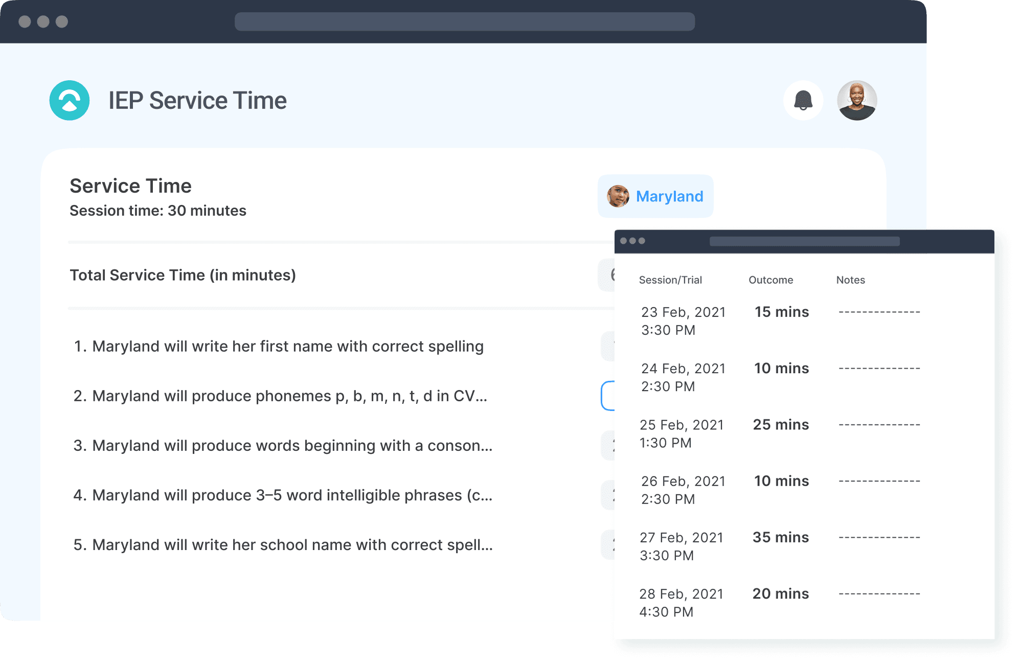 Automatic IEP Service Time tracking, both at Session and Goal level